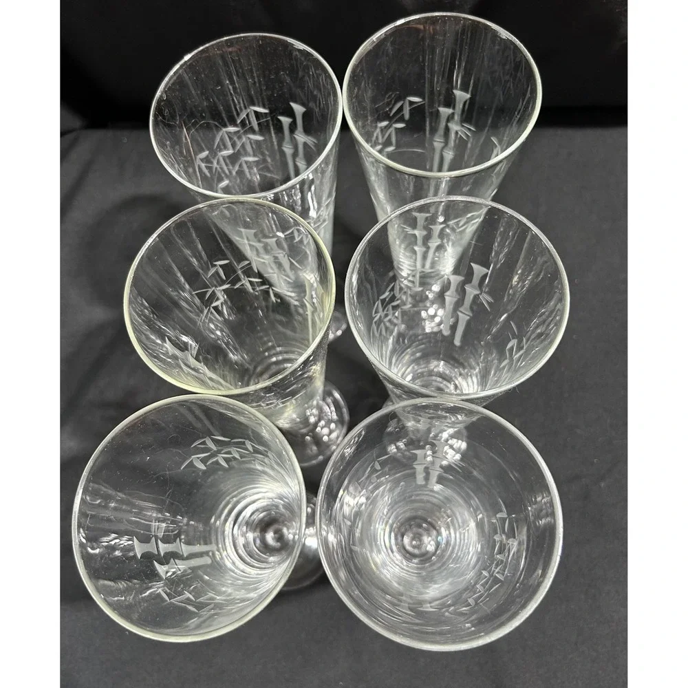 Set of 6 Vintage Bamboo Etched Footed‎ Glasses Champagne Flutes Tall Pilsner MCM